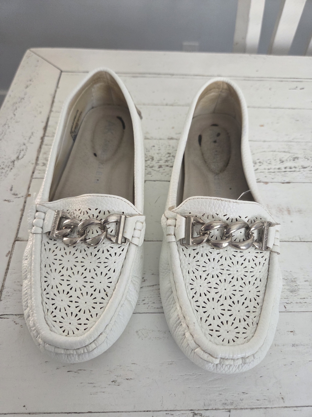 Anne Klein Flex White Perforated Loafers with Silver Chain Accent
